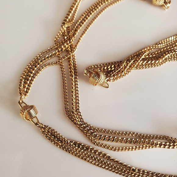 Monet Long Triple Strand Gold Tone Knot Station Chain Necklace Classic Signed - Picture 4 of 7